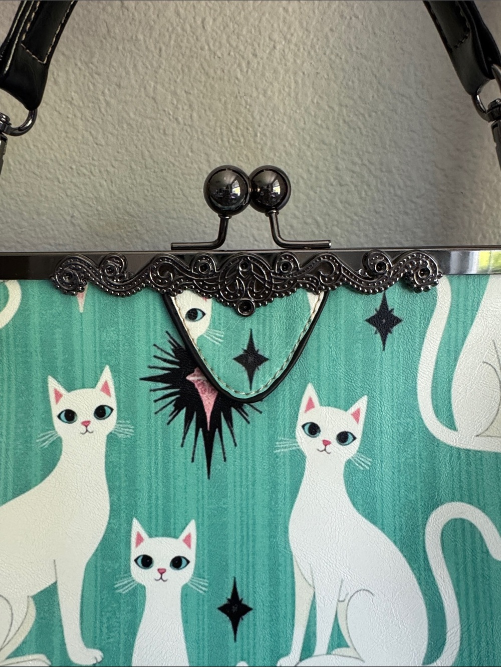 🐈White Cat Print Teal Crossbody Bag - Vintage Frame🌟 - Picture 4 of 8